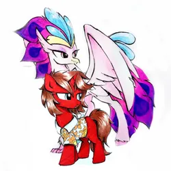 Size: 894x894 | Tagged: safe, artist:liaaqila, derpibooru import, queen novo, oc, oc:ironyoshi, classical hippogriff, hippogriff, unicorn, my little pony: the movie, clothes, image, jpeg, shirt, simple background, traditional art, white background