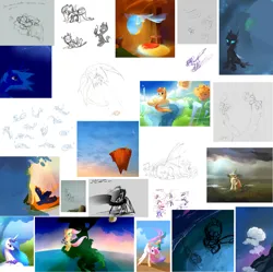 Size: 4127x4103 | Tagged: safe, artist:tomatocoup, princess celestia, princess luna, oc, changeling, pony, female, image, jpeg, looking at you, looking back, looking back at you, mare, painterly, simple background, skateboard, sketch, sketch dump, white background