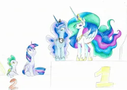 Size: 2317x1651 | Tagged: safe, artist:bluemagic, princess celestia, princess luna, spike, twilight sparkle, twilight sparkle (alicorn), alicorn, dragon, pony, g4, coloring, ethereal mane, ethereal tail, eyes open, female, folded wings, horn, image, jpeg, looking at each other, looking at someone, male, mare, numbers, podium, royal sisters, siblings, simple background, sisters, sitting, sketch, standing, tabun art-battle, tail, traditional art, white background, winged spike, wings, winners podium