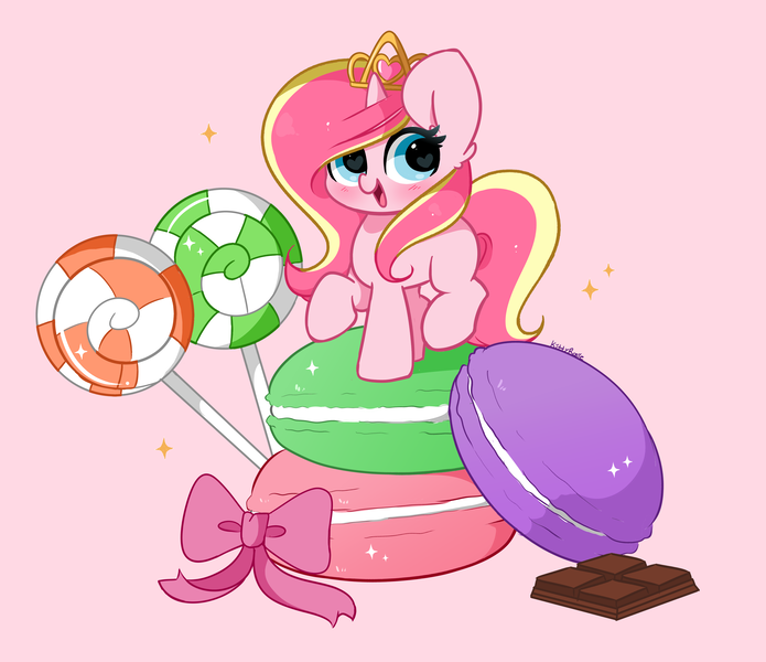 Size: 4256x3672 | Tagged: safe, artist:kittyrosie, derpibooru import, oc, oc:rosa flame, unofficial characters only, pony, unicorn, candy, chocolate, cute, ear fluff, female, food, high res, image, jewelry, lollipop, macaron, mare, not cadance, ocbetes, png, raised hoof, raised leg, redraw, smiling, solo, sweets, tiara