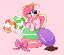 Size: 4256x3672 | Tagged: safe, artist:kittyrosie, derpibooru import, oc, oc:rosa flame, unofficial characters only, pony, unicorn, candy, chocolate, cute, ear fluff, female, food, high res, image, jewelry, lollipop, macaron, mare, not cadance, ocbetes, png, raised hoof, raised leg, redraw, smiling, solo, sweets, tiara