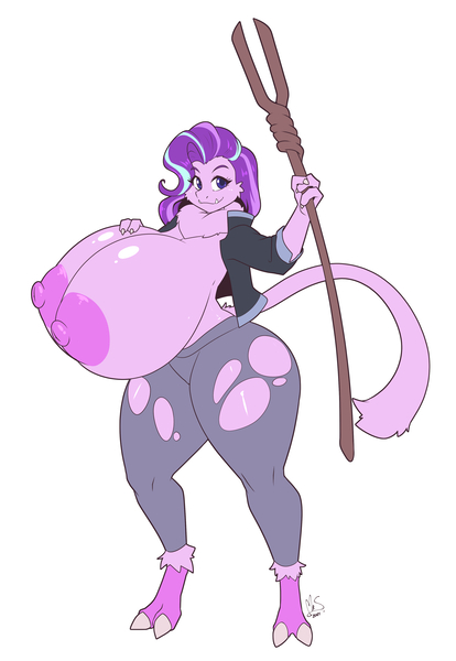 Size: 2760x4000 | Tagged: questionable, artist:mrsakai, derpibooru import, starlight glimmer, anthro, yeti, series:creature-verse, big breasts, breasts, clothes, commission, huge breasts, image, impossibly large breasts, jpeg, nipples, nudity, pants, partial nudity, ripped pants, simple background, species swap, staff, staff of sameness, topless, torn clothes, wardrobe malfunction, white background