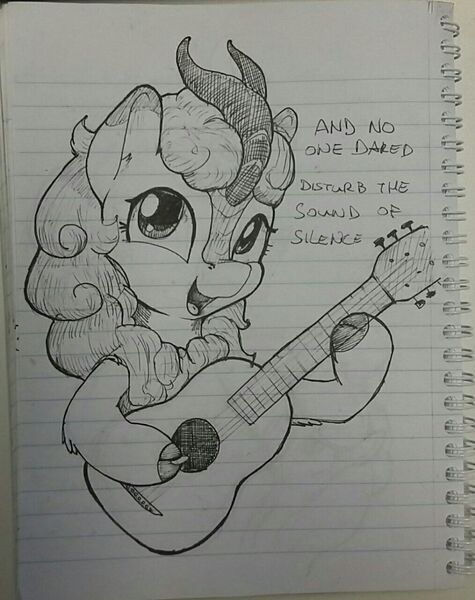 Size: 1014x1280 | Tagged: safe, artist:whiskeypanda, autumn blaze, kirin, sounds of silence, /mlp/, bust, dialogue, drawthread, female, guitar, image, jpeg, monochrome, musical instrument, quadrupedal, sketch, solo, sound of silence, traditional art