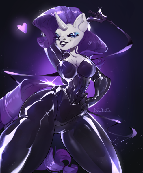 Size: 2748x3332 | Tagged: questionable, artist:pigronora, derpibooru import, rarity, bodysuit, breasts, catsuit, clothes, dominatrix, image, latex, latex suit, lipstick, png, rubber, whip