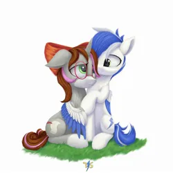 Size: 2000x2000 | Tagged: safe, artist:t15, derpibooru import, oc, oc:irina volkova, oc:thunder shines, pegasus, unicorn, couple, glasses, green eyes, horn, hug, image, jpeg, looking at each other, looking at someone, pegasus oc, ribbon, simple background, smiling, unicorn oc, wings, yellow eyes