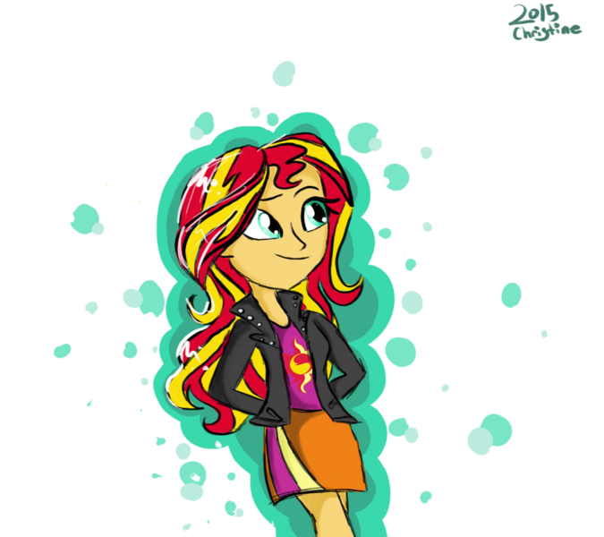 Size: 948x843 | Tagged: safe, artist:peanutbuttersqaures, derpibooru import, sunset shimmer, human, equestria girls, 2015, eyebrows, female, hands behind back, image, old art, png, signature, simple background, smiling, solo, transparent background