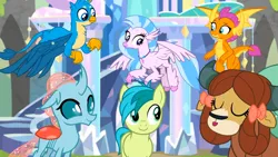 Size: 1600x900 | Tagged: safe, derpibooru import, screencap, gallus, ocellus, sandbar, silverstream, smolder, yona, changedling, changeling, classical hippogriff, dragon, earth pony, gryphon, hippogriff, pony, yak, uprooted, cute, diaocelles, diastreamies, gallabetes, image, png, sandabetes, smolderbetes, student six, treehouse of harmony, yonadorable