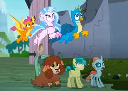 Size: 788x559 | Tagged: safe, derpibooru import, screencap, gallus, ocellus, sandbar, silverstream, smolder, yona, changedling, changeling, classical hippogriff, dragon, earth pony, gryphon, hippogriff, pony, yak, uprooted, cropped, image, png, student six