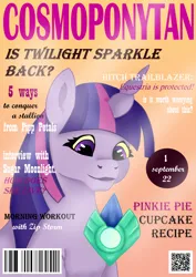 Size: 2894x4093 | Tagged: safe, artist:palettenight, derpibooru import, twilight sparkle, alicorn, crystal pony, pony, my little pony: make your mark, spoiler:g5, spoiler:my little pony: make your mark, bust, crystal, female, g5, image, looking down, magazine, png, portrait, qr code, reflection, smiling, solo