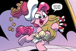 Size: 1125x750 | Tagged: safe, artist:jay fosgitt, derpibooru import, idw, pinkie pie, earth pony, pony, friends forever, spoiler:comic, apron, candy, candy cane, chef's hat, clothes, cookie, cookie jar, cute, dialogue, diapinkes, female, flour sack, food, hat, image, jpeg, mare, solo, turnip