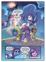 Size: 768x1024 | Tagged: safe, derpibooru import, idw, izzy moonbow, pipp petals, sunny starscout, zipp storm, earth pony, pegasus, pony, unicorn, my little pony: a new generation, spoiler:comic, spoiler:g5comic, spoiler:g5comic05, clothes, coat, female, g5, hat, hoodie, image, implied discord, jacket, jpeg, lighthouse, mare, mobile phone, phone, preview, rain, raincoat, rainhat, smartphone, talking, umbrella, water