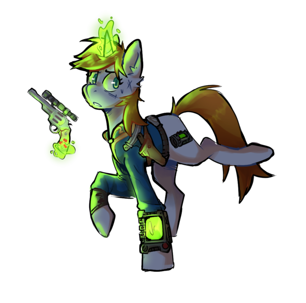 Size: 1079x1066 | Tagged: safe, artist:sketchtablet, derpibooru import, oc, oc:littlepip, unofficial characters only, pony, unicorn, fallout equestria, gun, handgun, horn, image, little macintosh, magic, pipbuck, png, revolver, simple background, solo, telekinesis, transparent background, unicorn oc, weapon