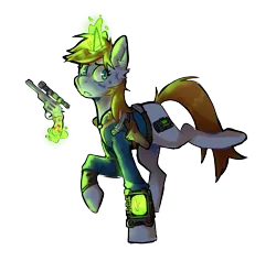 Size: 1079x1066 | Tagged: safe, artist:sketchtablet, derpibooru import, oc, oc:littlepip, unofficial characters only, pony, unicorn, fallout equestria, gun, handgun, horn, image, little macintosh, magic, pipbuck, png, revolver, simple background, solo, telekinesis, transparent background, unicorn oc, weapon