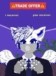 Size: 2200x3000 | Tagged: safe, artist:etoz, derpibooru import, oc, oc:light speed, unofficial characters only, gryphon, clothes, commission, eared griffon, eyebrows, griffon oc, image, male, meme, meme template, png, template, trade offer, wings