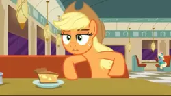 Size: 828x465 | Tagged: safe, derpibooru import, screencap, applejack, earth pony, pony, the saddle row review, cafe, duo, duo female, female, food, image, jpeg, mare, pie