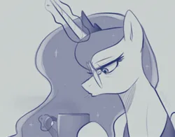 Size: 2048x1603 | Tagged: safe, artist:maren, derpibooru import, princess luna, alicorn, pony, blowing, female, glasses, glow, glowing horn, hoof hold, horn, image, jpeg, magic, mare, monochrome, mug, pince-nez, solo, telekinesis