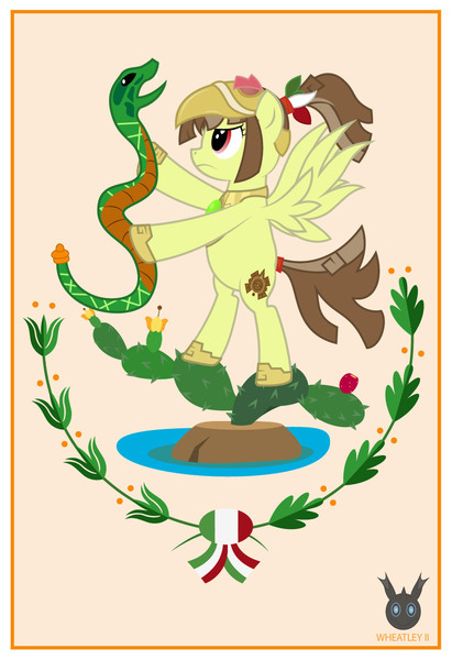 Size: 808x1180 | Tagged: safe, artist:wheatley r.h., derpibooru import, oc, oc:tailcoatl, unofficial characters only, pegasus, pony, snake, female, holding, image, jpeg, mare, nopal, solo, spread wings, tuna fruit, vector, watermark, wings