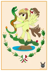 Size: 808x1180 | Tagged: safe, artist:wheatley r.h., derpibooru import, oc, oc:tailcoatl, unofficial characters only, pegasus, pony, snake, female, holding, image, jpeg, mare, nopal, solo, spread wings, tuna fruit, vector, watermark, wings