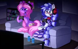 Size: 1152x720 | Tagged: safe, artist:scarlet-spectrum, derpibooru import, oc, oc:cinnabyte, oc:lillybit, unofficial characters only, earth pony, pony, bookshelf, clothes, controller, couch, duo, energy drink, gaming, gaming headset, headset, image, night, png, scarf, socks, striped socks, table, television