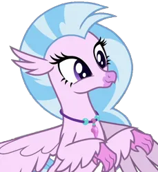 Size: 630x687 | Tagged: safe, derpibooru import, silverstream, classical hippogriff, hippogriff, pony, school daze, cute, diastreamies, female, flying, happy, image, jewelry, looking right, mare, necklace, pink skin, png, simple background, solo, transparent background