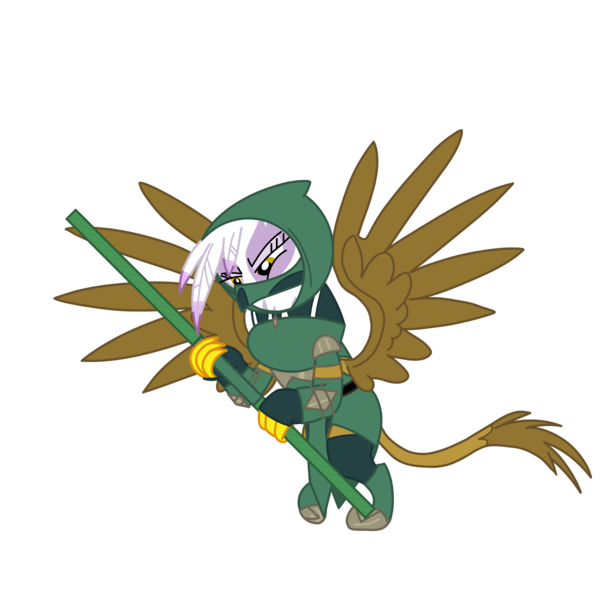 Size: 2100x2100 | Tagged: safe, artist:chanyhuman, derpibooru import, gilda, gryphon, bow staff, flying, holding, hood, image, jade, mask, mortal kombat, mortal kombat 11, ninja, png, spread wings, vector, wings