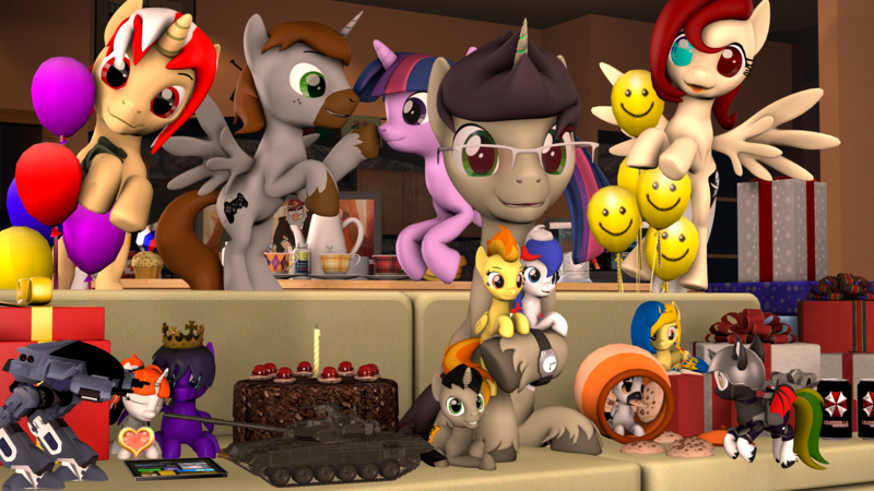 Size: 2920x1642 | Tagged: safe, artist:morozovbrony, derpibooru import, spitfire, twilight sparkle, oc, oc:flutter blaze, oc:greyshade, oc:marussia, oc:mister-karter, oc:morozovbrony, oc:nightmare crystal, oc:princess of the world, oc:sergey world, oc:ukraine, oc:vitariel, ponified, bat pony, pegasus, pony, robot, unicorn, balloon, banana, birthday, book, cake, computer, cookie, crown, ed-209, food, glasses, gravity falls, heart, image, jewelry, laptop computer, medkit, muffin, nation ponies, pain pills, pipbuck, png, present, regalia, russia, russian flag, t-90, tablet, tank t-90, tea, television, ukraine, umbrella corporation, watch