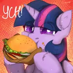 Size: 2480x2480 | Tagged: safe, artist:sinrinf, derpibooru import, twilight sparkle, alicorn, pony, burger, bust, commission, food, horn, image, png, portrait, solo, wings, your character here