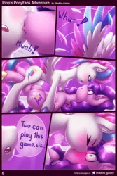 Size: 1280x1920 | Tagged: suggestive, artist:shad0w-galaxy, derpibooru import, pipp petals, princess celestia, princess luna, zipp storm, pony, comic:pipp's ponyfans adventure, ><, bedroom eyes, blushing, blushing profusely, chest fluff, comic, ear fluff, eyes closed, feather, female, g5, hooves, image, imminent incest, imminent sex, incest, kissing, lesbian, mare, open mouth, pinned down, pippzipp, png, princest, shipping, shocked, shocked expression, simple background, smooch, speech bubble, spread wings, talking, text, unshorn fetlocks, wingboner, wings