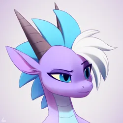 Size: 2000x2000 | Tagged: safe, artist:luminousdazzle, derpibooru import, oc, anthro, dragon, blue eyes, bust, dragon oc, female, horns, image, non-pony oc, png, portrait, simple background, slit pupils, smiling, smug, solo