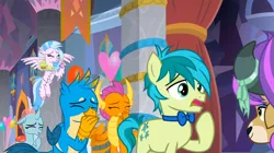 Size: 1600x899 | Tagged: safe, derpibooru import, screencap, gallus, ocellus, sandbar, silverstream, smolder, yona, changedling, changeling, classical hippogriff, dragon, earth pony, gryphon, hippogriff, pony, yak, she's all yak, image, png, student six