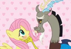 Size: 498x346 | Tagged: safe, artist:sayapilled, derpibooru import, discord, fluttershy, animated, antlers, blush sticker, blushing, discoshy, female, hand on cheek, heart, horn, image, kissing, male, pink background, shipping, simple background, straight, video, webm
