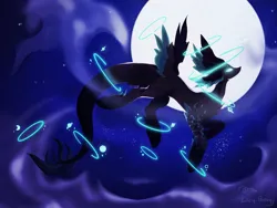 Size: 2047x1536 | Tagged: safe, artist:thelazyponyy, derpibooru import, oc, unofficial characters only, draconequus, draconequus oc, flying, full moon, glow, glowing eyes, image, jpeg, moon, night, outdoors, solo, stars