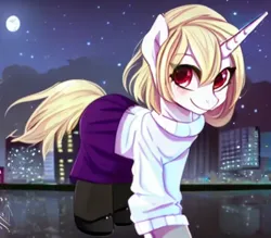 Size: 512x448 | Tagged: safe, derpibooru import, machine learning generated, pony, unicorn, arcueid brunestud, blonde hair, city, cityscape, clothes, eyelashes, image, melty blood, moon, night, pantyhose, png, red eyes, shoes, short hair, skirt, sweater, tsukihime, turtleneck