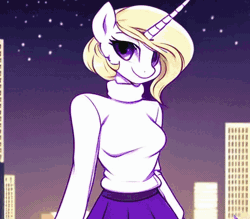 Size: 512x448 | Tagged: safe, artist:gomez de video, derpibooru import, machine learning generated, anthro, pony, unicorn, animated, anthro to pony, arcueid brunestud, blonde hair, city, cityscape, clothes, eyelashes, gif, image, melty blood, moon, night, pantyhose, red eyes, shoes, short hair, skirt, sweater, tsukihime, turtleneck, what has science done