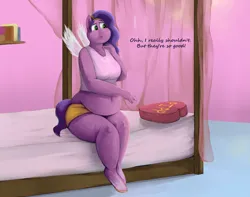 Size: 2897x2282 | Tagged: safe, artist:lupin quill, derpibooru import, pipp petals, anthro, unguligrade anthro, bbw, bed, bedroom, belly button, box of chocolates, chocolate, chubby, chubby cheeks, clothes, exposed belly, fat, fetish, food, g5, image, implied weight gain, lineless, open mouth, png, shorts, solo, spread wings, tanktop, thighs, this will end in weight gain, thunder thighs, tight clothing, wings