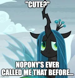 Size: 500x518 | Tagged: safe, derpibooru import, edit, edited screencap, screencap, queen chrysalis, changeling, changeling queen, pony, frenemies (episode), caption, cropped, crown, cute, cutealis, female, image, image macro, jewelry, jpeg, mare, regalia, sad, solo, text