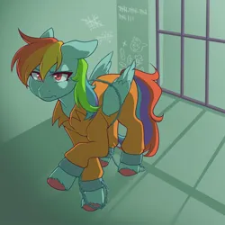 Size: 1400x1400 | Tagged: safe, artist:grumpimoon, derpibooru import, cell, clothes, commission, cuffed, image, jail, jail cell, jpeg, never doubt rainbowdash69's involvement, prison, prison outfit, prisoner rd