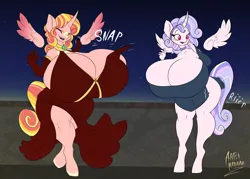 Size: 4197x3000 | Tagged: suggestive, artist:artsy-madraw, derpibooru import, oc, oc:chrysanthemum, oc:rosebud, alicorn, anthro, unguligrade anthro, alicorn oc, anthro oc, big breasts, blushing, breast overpour, breast squish, breasts, clothes, curved horn, curvy, dress, duo, duo female, female, floating wings, horn, huge breasts, hyper, hyper breasts, image, impossibly large breasts, laughing, night, outdoors, png, sideboob, sky, surprised, tight clothing, tight fit, wardrobe malfunction, wings