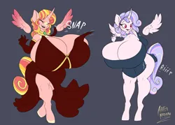 Size: 4197x3000 | Tagged: suggestive, alternate version, artist:artsy-madraw, derpibooru import, oc, oc:chrysanthemum, oc:rosebud, alicorn, anthro, unguligrade anthro, alicorn oc, anthro oc, big breasts, blushing, breast overpour, breast squish, breasts, clothes, curved horn, curvy, dress, duo, duo female, female, floating wings, horn, huge breasts, hyper, hyper breasts, image, impossibly large breasts, laughing, png, sideboob, simple background, surprised, tight clothing, tight fit, wardrobe malfunction, wings
