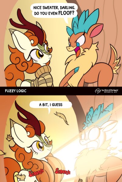 Size: 1124x1680 | Tagged: safe, artist:theratedrshimmer, derpibooru import, autumn blaze, velvet reindeer, deer, kirin, reindeer, them's fightin' herds, awwtumn blaze, chest fluff, clothes, comic, community related, cute, female, image, jpeg, kirinbetes, my eyes, reference, smiling, sweater, the fairly oddparents