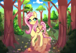 Size: 3000x2100 | Tagged: safe, artist:ashes-arts, derpibooru import, fluttershy, pegasus, pony, blushing, cute, female, forest, image, mare, png, shyabetes, smiling, solo, tree