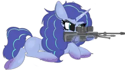 Size: 3840x2160 | Tagged: safe, alternate version, artist:straighttothepointstudio, derpibooru import, pony, unicorn, g5, my little pony: make your mark, angry, curly hair, curly mane, digital art, female, freckles, gun, image, lying down, mare, misty brightdawn, png, rifle, simple background, sniper, sniper rifle, solo, transparent background, unshorn fetlocks, weapon