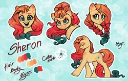 Size: 1280x812 | Tagged: safe, artist:amishy, derpibooru import, oc, oc:sheron, unofficial characters only, pony, unicorn, abstract background, braid, color palette, eyes closed, female, freckles, gradient mane, image, jpeg, mare, open mouth, open smile, ponytail, reference sheet, smiling, solo