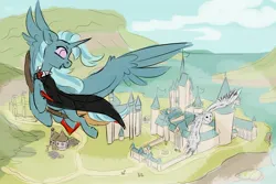 Size: 2560x1707 | Tagged: safe, artist:leah minik, artist:silverfir, derpibooru import, trixie, alicorn, bird, owl, pony, alicornified, beautiful, broom, castle, clothes, cloud, collaboration, commission, crossover, female, flying, flying broomstick, full body, harry potter (series), hogwarts, image, jpeg, looking at something, mare, necktie, open mouth, race swap, robe, sketch, sky, solo, tail, trixiecorn, wind, windswept mane, windswept tail, wings, wizard, your character here