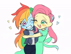 Size: 776x594 | Tagged: safe, artist:thresher_shark_, derpibooru import, fluttershy, rainbow dash, equestria girls, blush sticker, blushing, cheek squish, cute, dashabetes, female, flutterdash, heart, hug, image, jpeg, lesbian, one eye closed, shipping, shyabetes, simple background, smiling, squishy cheeks, white background