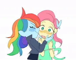 Size: 983x777 | Tagged: safe, artist:thresher_shark_, derpibooru import, fluttershy, rainbow dash, equestria girls, blush sticker, blushing, eyes closed, face grab, female, flutterdash, image, jpeg, kiss on the cheek, kissing, lesbian, open mouth, shipping, simple background, smiling, white background