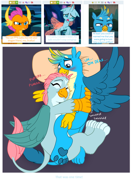 Size: 860x1148 | Tagged: safe, artist:caroo, artist:thegamerpainter, derpibooru import, edit, edited screencap, screencap, gallus, ocellus, smolder, changedling, changeling, dragon, gryphon, derpibooru, twibooru, school daze, uprooted, blushing, censored, censored vulgarity, chest fluff, cuddlebug, cuddling, cute, diaocelles, discussion, disguise, disguised changeling, female, fluffy, frog (hoof), gallabetes, griffonized, hnnng, image, imminent breakup, interspecies, juxtaposition, lesbian, luslus, male, meta, onomatopoeia, paw pads, paws, png, purple background, purring, sad, screenshots, shipping, simple background, sleeping, smolcellus, snuggling, sound effects, species swap, spread wings, straight, toe beans, transformation, underhoof, underpaw, vulgar, wings, zzz