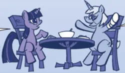 Size: 624x365 | Tagged: safe, derpibooru import, idw, jade singer, summer mane, twilight sparkle, pony, unicorn, idw micro series, bandage, bowl, broken leg, chair, cropped, female, glasses, hooves up, horn, image, mare, png, sitting, smiling, spoon, table, unicorn twilight