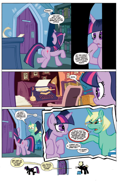 Size: 481x739 | Tagged: safe, derpibooru import, idw, jade singer, summer mane, twilight sparkle, pony, unicorn, idw micro series, angry, bandage, book, bookshelf, broken leg, comic, dialogue, door, female, frown, glasses, horn, image, library, mare, office, png, printer, shocked, shrunken pupils, speech bubble, text, unicorn twilight