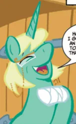 Size: 305x499 | Tagged: safe, derpibooru import, idw, jade singer, summer mane, pony, unicorn, idw micro series, bandage, comic, cropped, dialogue, eyes closed, female, glasses, horn, image, laughing, mare, png, smiling, speech bubble, text